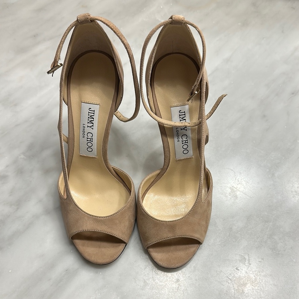 Jimmy Choo Peep Toe Beige Suede Ankle Strap